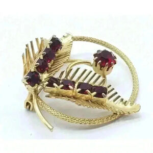 Vintage Brooch Gold Textured Ring Cherry Red Rhinestones Spike Leaves MCM